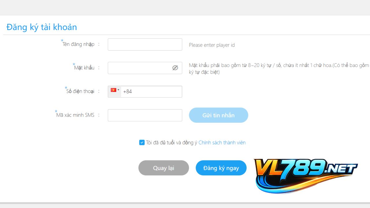 Form đăng ký tài khoản 789VL